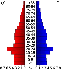 Schéma représentant la population du comté, par tranche d'âge. En rouge, à gauche, les femmes, en bleu à droite, les hommes.