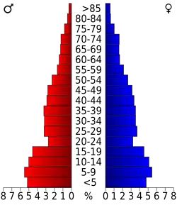 Schéma représentant la population du comté, par tranche d'âge. En rouge, à gauche, les femmes, en bleu à droite, les hommes.