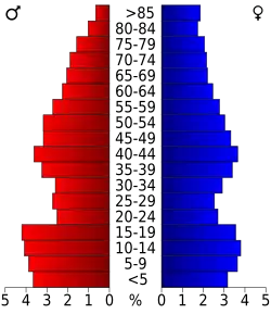 Schéma représentant la population du comté, par tranche d'âge. En rouge, à gauche, les femmes, en bleu à droite, les hommes.