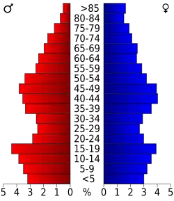 Schéma représentant la population du comté, par tranche d'âge. En rouge, à gauche, les femmes, en bleu à droite, les hommes.