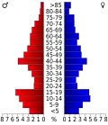 Schéma représentant la population du comté, par tranche d'âge. En rouge, à gauche, les femmes, en bleu à droite, les hommes.