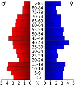 Schéma représentant la population du comté, par tranche d'âge. En rouge, à gauche, les femmes, en bleu à droite, les hommes.