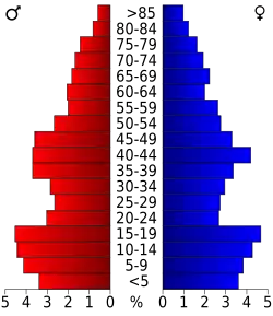 Schéma représentant la population du comté, par tranche d'âge. En rouge, à gauche, les femmes, en bleu à droite, les hommes.