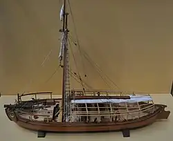 Version militaire à gréement carré d'un gundalow : modèle de l'USS Philadephia (1776), coulé lors de la bataille de l'île Valcour.