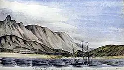 Aquarelle de l'USS Dale au large de San Jose del Cabo en 1847 pendant la guerre du Mexique. Par le matelot William H. Meyer
