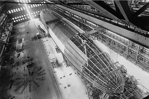 L'USS Shenandoah, ici en construction en 1923, est basé sur la structure du L-49 allemand.