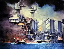 Le sauvetage des marins du West Virginia au milieu des flammes. Le mazout provoque de gigantesques incendies.