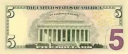 Revers d'un billet de 5 dollars américain, série colorisée
