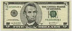 Avers d'un billet de 5 dollars américain imprimé en 2003