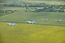 Photo couleur de quatre avions de chasse volant au-dessus de champs de tournesol