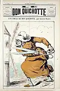 Dessin d'une vieille femme habillée d'une robe grise qui attaque un moulin avec de grands ciseaux sur lesquels est écrit censure