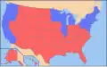 Collège électoral lors de l'élection présidentielle de 2004, par État (en rouge : Bush, républicain ; en bleu : Kerry, démocrate) ; la carte du Jesusland est fondée sur ces résultats.