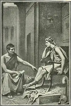 Gravure représentant un professeur en toge à gauche face à un homme en tunique.