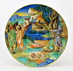 Plat illustrant le mythe de Jason et Médée, l'œuvre porte la signature de Francesco Xanto Avelli da Rovigo au revers, Urbino, vers 1531-1532.