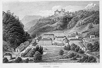 La station thermale dominée par le château d'Uriage sur une gravure du XIXe&nbsp;siècle.