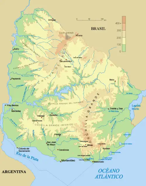 Carte géophysique de l'Uruguay avec la Cuchilla Grande dans le Sud-Est du pays.