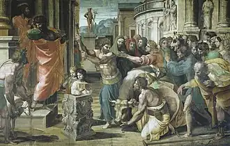 Ville grecque antique, petit autel, homme à genou tenant vache col baissé, homme avec hache s'apprêtant à la sacrifier. Gens avec des gestes d'adoration en direction de deux hommes debout sur des marches derrière l'autel. L'un se tourne et déchire ses vêtements, l'autre harangue la foule. Une béquille abandonnée en premier-plan ; au fond de la place, statue de Hermès