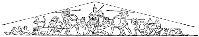 dessin noir et blanc : reconstitution d'un fronton de temple