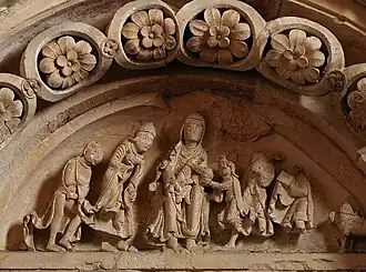 Registre supérieur du tympan (1120–1140).Calcaire, portail sud.