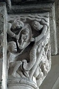 Mort du pauvre Lazare : le personnage de la parabole de l'évangile de Luc, et non celui ressuscité par Jésus; son âme monte au ciel dans une mandorle, accueillie par deux anges.