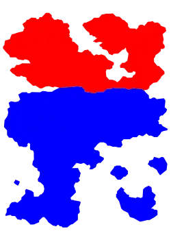 Carte géographique fictive, comprenant plusieurs couleurs.