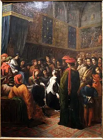 Alexandre Colin, Valentine de Milan implore la justice du roi Charles&nbsp;VI pour l'assassinat du duc d'Orléans, 1836 (musée de Versailles).