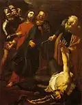Dirck Van Baburen, L'Arrestation du Christ avec l'épisode de Malchus, v. 1616-1617.&nbsp;– Une influence très nette du Caravage, dans le traitement de la lumière comme dans la composition.
