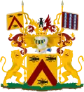 blasonnement: "parti d'azur, à la croix d'or, cantonnée de quatre étoiles à six rais d'or, et d'azur, à la ruche d'or, accompagnée d'abeilles sans nombre essorantes de même, au chef de sable, au lion issant d'or, armé et lampassé de gueules."