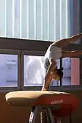 Après une course d'élan, prise de contact avec les mains.