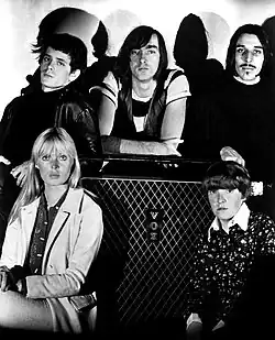 Photo en noir et blanc représentant, dans le sens des aiguilles d'une montre, Lou Reed, Sterling Morrison, John Cale (en haut), puis Maureen Tucker et Nico (en bas) autour d'un amplificateur de la marque Vox.