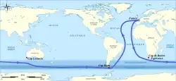 Planisphère sur lequel est tracée la route empruntée par le Vendée Globe