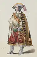 Dessin montrant un homme habillé en mousquetaire.