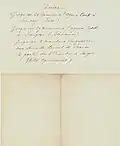 Verso de l'itinéraire - Instructions où le professeur Lannelongue peut être joint lors de son tour du Monde (écrit par le Professeur Odilon Lannelongue lui-même).