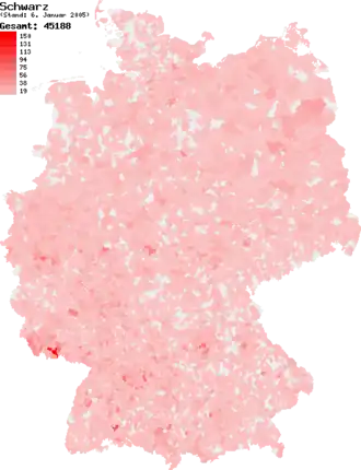 Répartition du patronyme Schwarz en Allemagne en 2005.