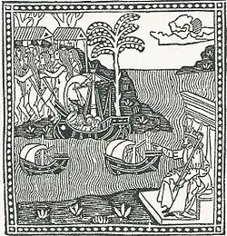 Gravure représentant un roi siégeant sur son trône et ordonnant le départ de trois caravelles vers un pays sur lequel se trouvent de nombreux hommes et femmes dénudés et des palmiers.
