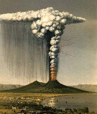 Éruption du Vésuve vue de Naples en octobre 1822 ; l'éruption plinienne du Vésuve en 79 lui a peut-être ressemblé.