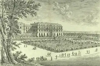 Vue de la Maison de St Cloud, c 1650, Israel Silvestre. Ce parterre de broderies sera remplacé par le bassin des cygnes.