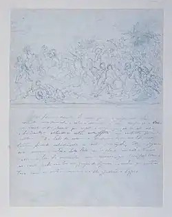 Feuille de cahier blanche écrit en bleu clair. Un croquis de bataille occupe la moitié supérieure, tandis que des notes manuscrites très difficiles à distinguer occupent la moitié inférieure.