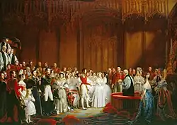 Peinture d'un mariage luxueux auquel participent des personnes richement habillées dans une salle magnifique