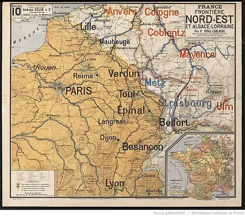 « France, frontière Nord-Est et Alsace-Lorraine » [carte militaire], par P. Vidal de La Blache, Armand Colin (Paris).