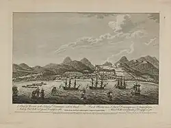 Vue de Roseau sur l'île de la Dominique, James Peake et Lt. Archibald Campbell, 1761.
