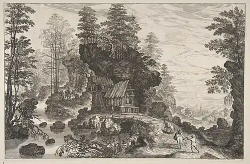 Vue d'une petite maison construite dans la roche (Metropolitan Museum of Art).