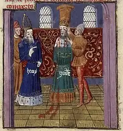 Enluminure montrant Guillaume III éborgné par un bourreau et accompagné d'un ecclésiastique coiffé d'une mitre