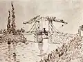 Le Pont Langlois avec une femme au parasol (F&nbsp;1471 / JH 1420,&nbsp;23,5&nbsp;×&nbsp;31&nbsp;cm, mai 1888, Musée d'Art du comté de Los Angeles)