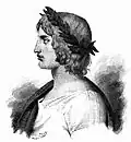 Gravure d'un homme profil gauche couronné de lauriers.