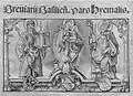 Gravure représentant les trois saints patrons de Bâle : Henri II, la Vierge Marie portant l'enfant Jésus, et Saint Pantale (bréviaire issu du trésor de la cathédrale de Bâle)