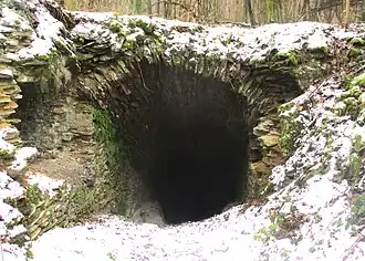 Descenderie de l'ancienne ardoisière de l'Hamériaine dans les bois.
