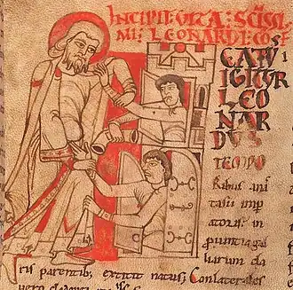 Saint Léonard délivre deux prisonniersVita et miracula sancti Leonardi, Confessoris (XIIIe siècle)BnF Ms. Latin 5134