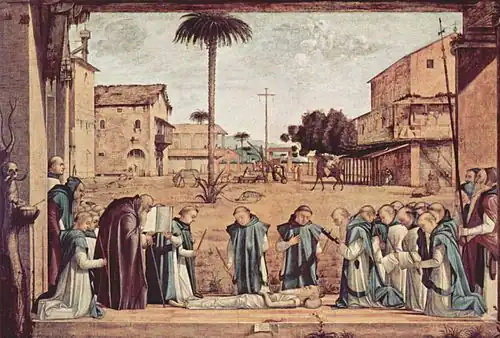 Les Funérailles de saint Jérôme, 141&nbsp;×&nbsp;211&nbsp;cm, 1502, huile sur toile, Scuola di San Giorgio, Venise.