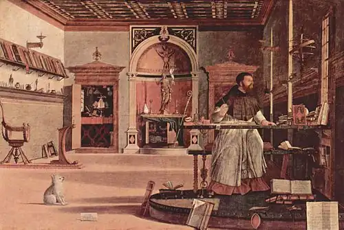 La Vision de saint Augustin, 141 × 210 cm, 1502, huile sur toile, Scuola di San Giorgio, Venise.